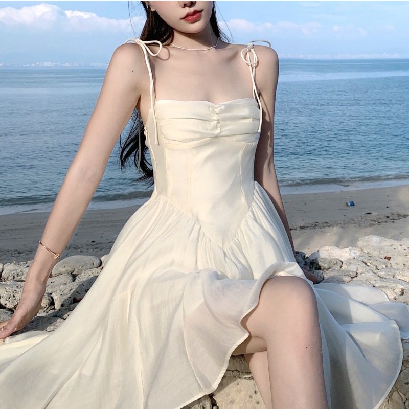 Váy trắng 2 dây LUHAZO đi biển nữ đẹp trễ vai  dài rộng bigsize Hàn Quốc vintage babydoll hở lưng 1120 Dk2t303