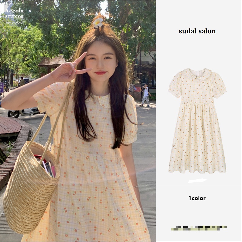(ORDER) Váy hoa nhí màu be tay phồng cổ bẻ búp bê dáng babydoll xòe dài đáng yêu style MORAN (hàng_mới_về)