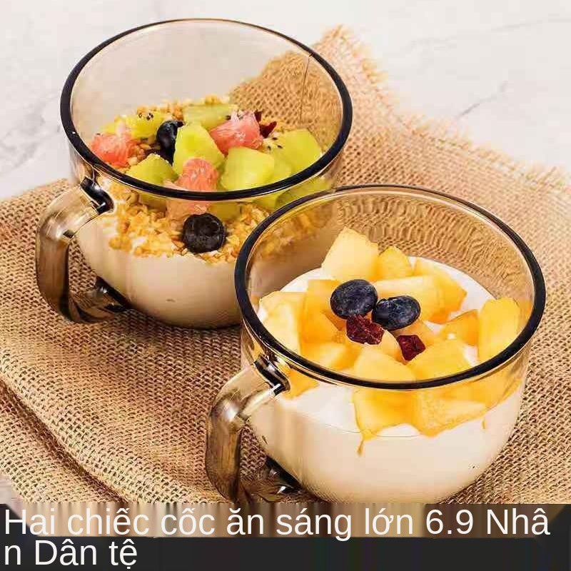 Cốc ăn sáng thủy tinh màu nâu Châu Âu sữa chịu nhiệt dung tích lớn Có nắp Thìa Mug Gia dụng Bát salad bột yến mạch