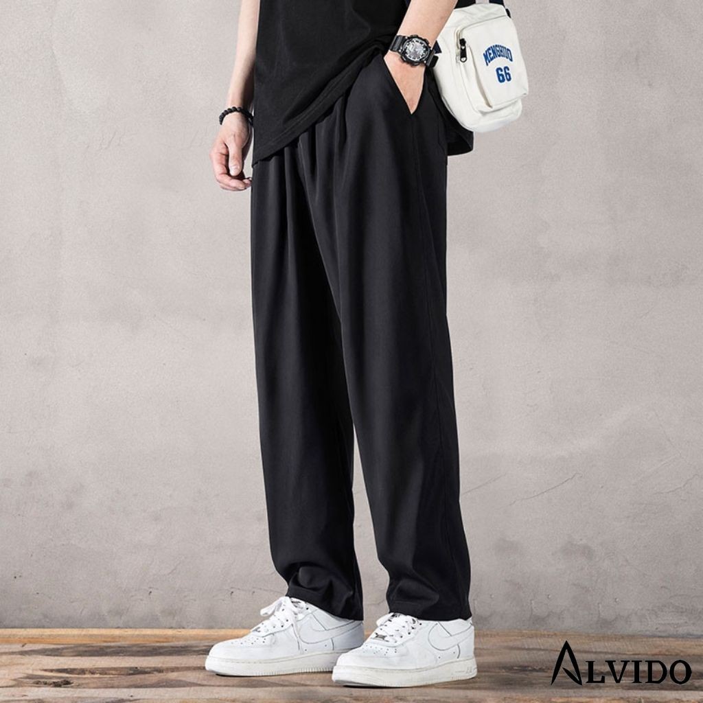 Quần suông ống rộng ALVIDO - quần suông đen unisex cạp chun QD29