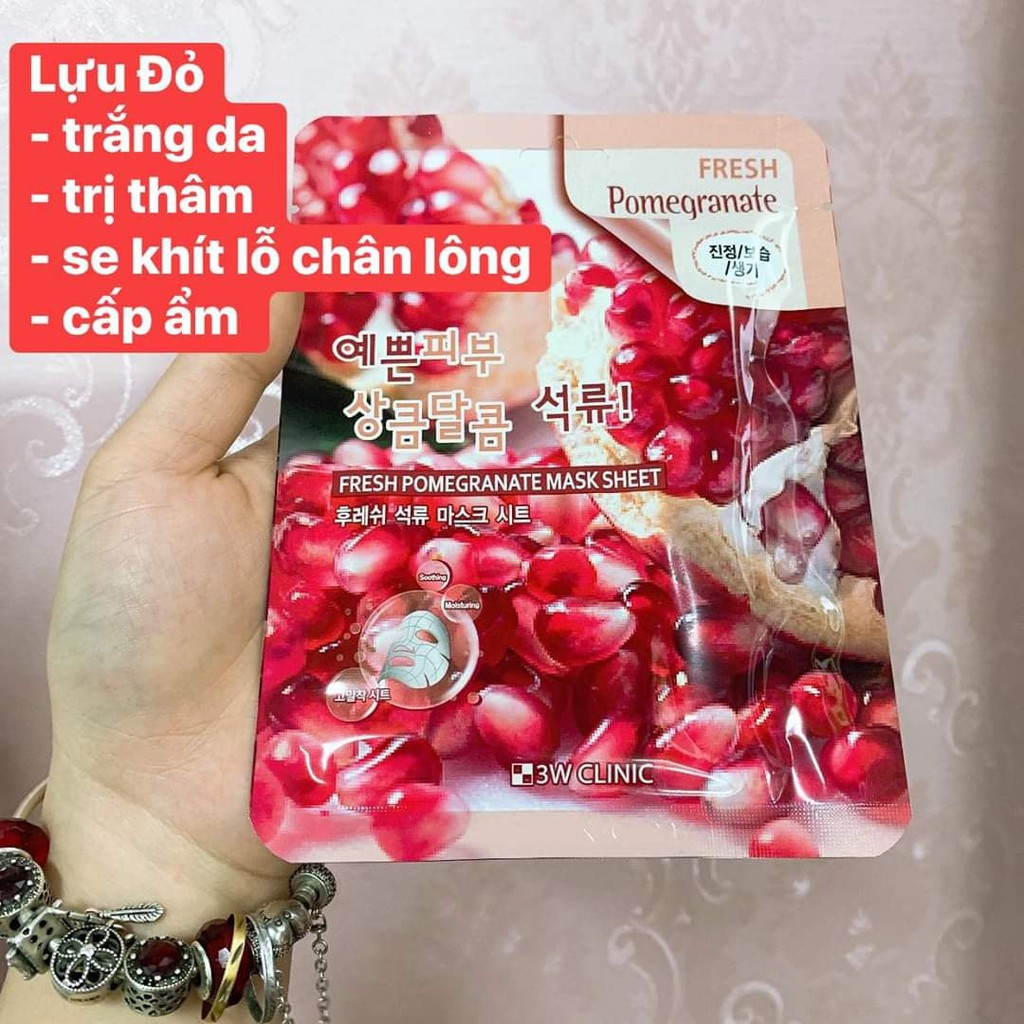 Combo 10 Túi Mặt nạ giấy dưỡng trắng da dưỡng ẩm chiết xuất từ Lựu Đỏ 3W Clinic Hàn Quốc giúp da mềm mịn 23mlx10