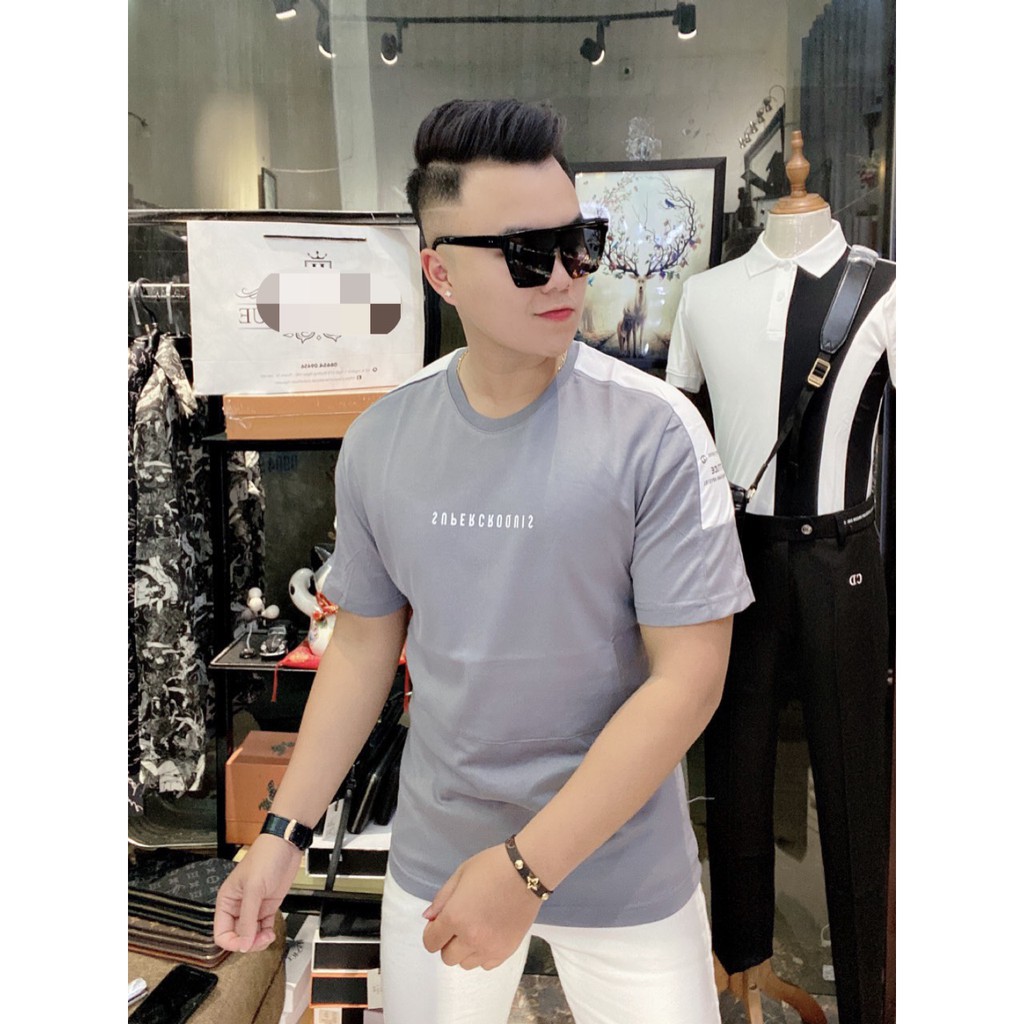 Áo thun nam in chữ, Áo phông nam không cổ vai kẻ SUPERCROQUIS form rộng | BigBuy360 - bigbuy360.vn