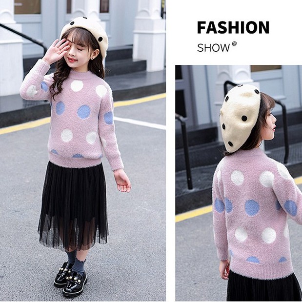 Áo len lông họa tiết chấm tròn bé gái lớn size 16-45kg (HÀNG QCCC) AL13
