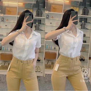 Áo sơ mi tay ngắn nữ - áo uni cột tay - áo trắng tay ngắn