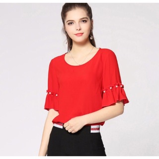 Áo voan màu đỏ tay loe đính hột size ngoại cỡ từ 2XL đến 5XL 70-100kg