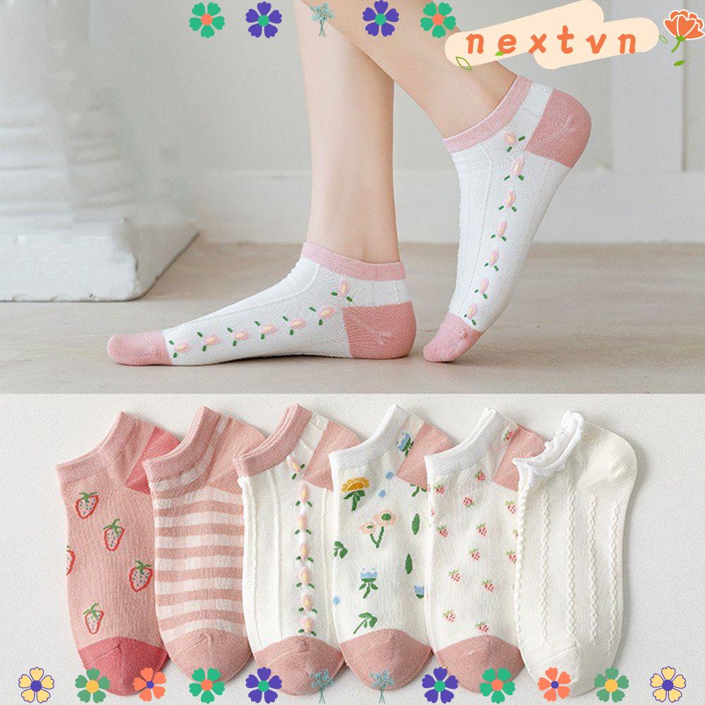 Vớ cổ thấp màu hồng trắng in hình trái dâu dễ thương thời trang cho nữ