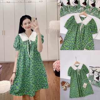 Đầm hoa xanh mix cổ nơ dễ thương hàng đẹp chất mềm⚡️Ảnh thật