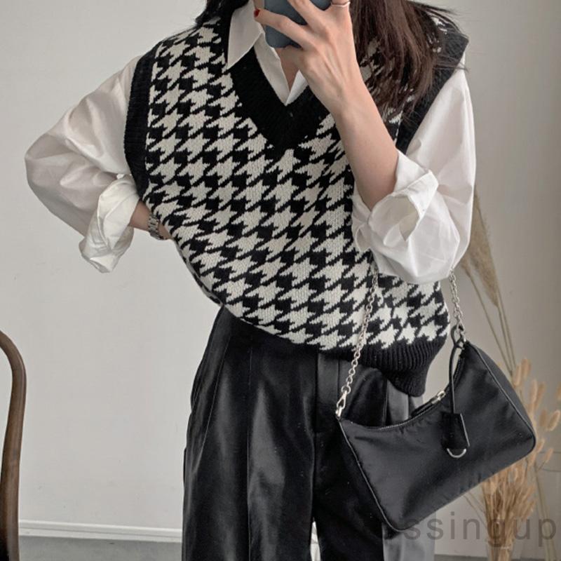 Áo Len Không Tay Dáng Rộng Cổ Chữ V In Họa Tiết Độc Đáo Cho Nữ