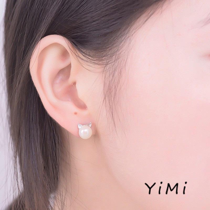 Bông Tai Bạc 925 Hình Tai Mèo Đính Ngọc Trai Dễ Thương Cho Nữ