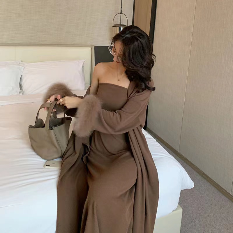 Set Đầm Ôm Và Áo Khoác Cardigan Tay Dài Thời Trang Quyến Rũ Cho Nữ