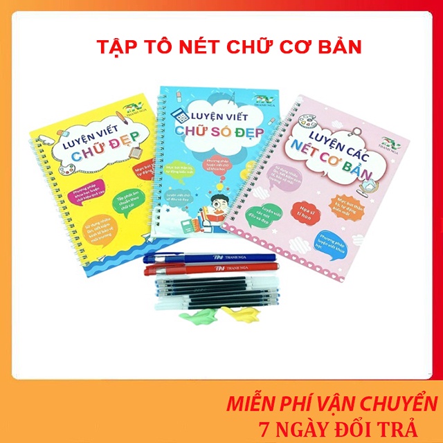 Tập tô nét cơ bản - Bộ 3q tập tô nét chữ cái,chữ số tự bay thần kì sử dụng nhiều lần tặng 2 bút,ngòi bút,cá định vị