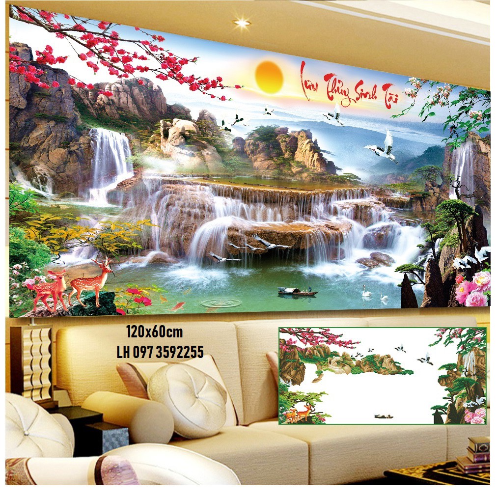 Tranh đính đá phong cảnh lưu thủy sinh tài 160x70cm