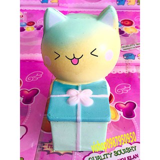 SQUISHY MÈO ÔM HỘP QUÀ XANH