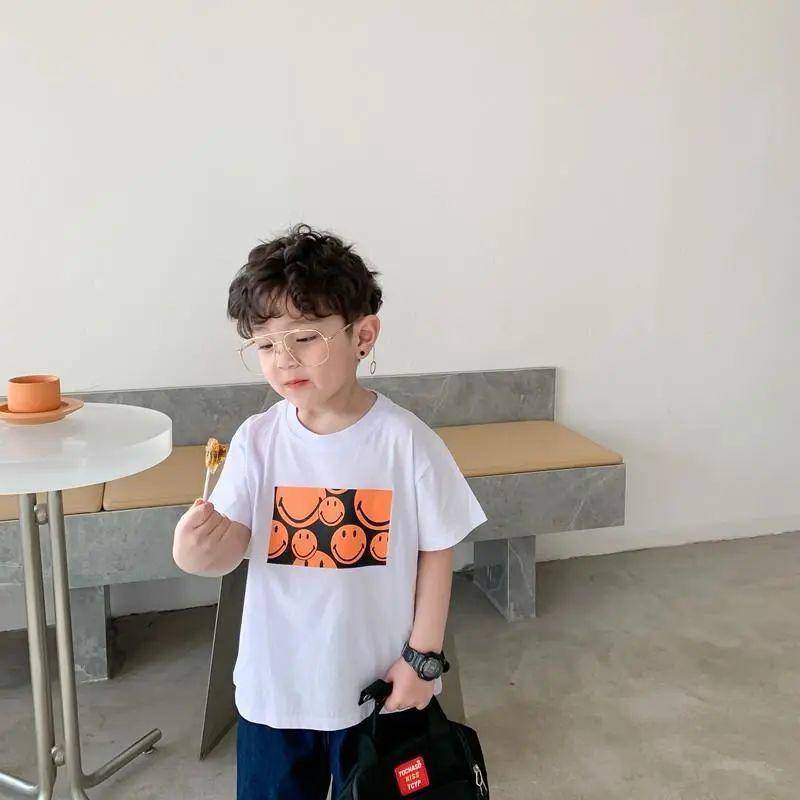 Áo Thun Cotton Mỏng Tay Ngắn In Hình Mặt Cười Thời Trang Xuân Hè Cho Bé Trai