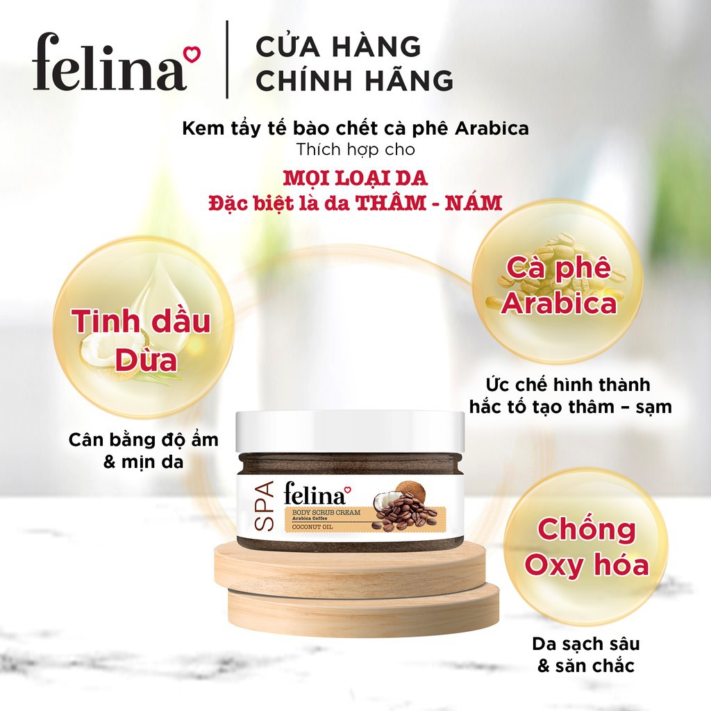 Tẩy tế bào chết Felina dạng kem 220g - Hạt cà phê và tinh dầu dừa