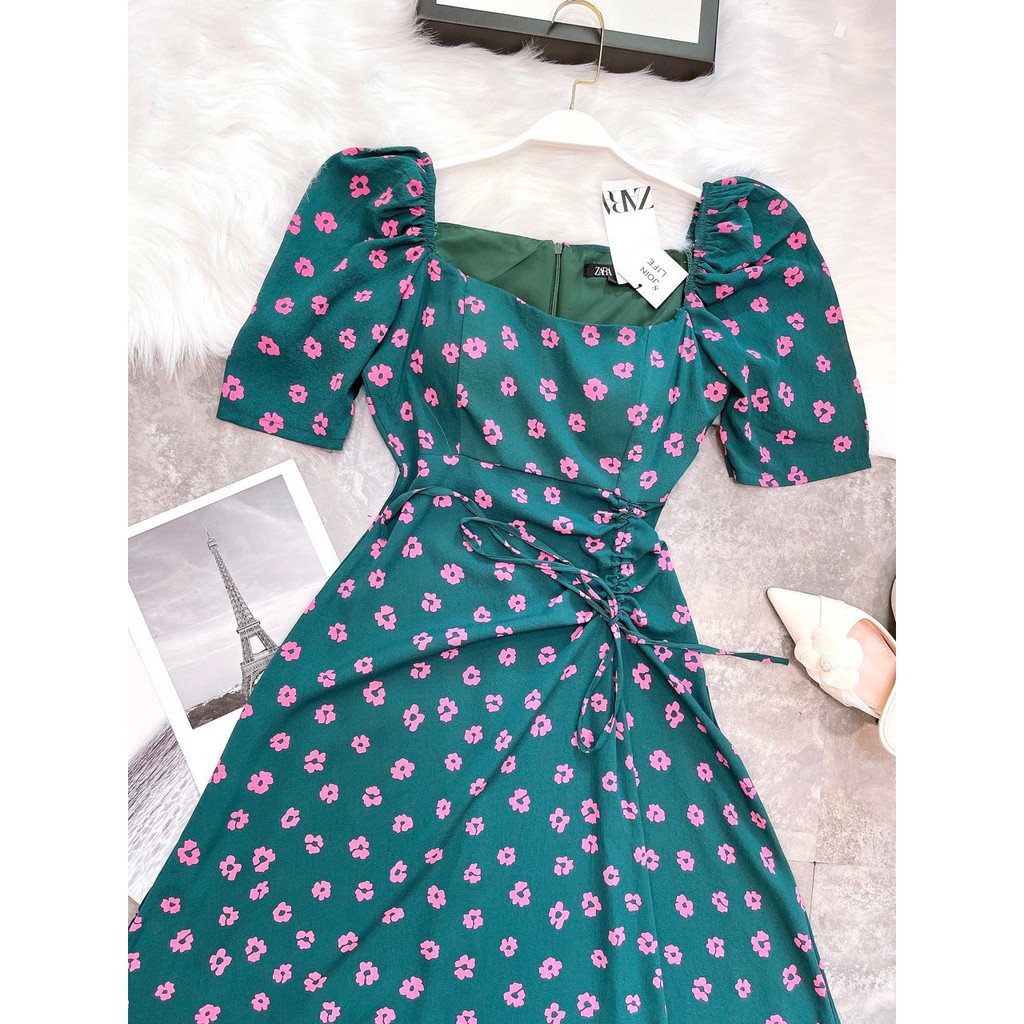 [Mã FAGREEN1505 giảm tới 30K đơn 99K] VÁY XANH HOA HỒNG DÚT SƯỜN CÚP NGỰC | BigBuy360 - bigbuy360.vn