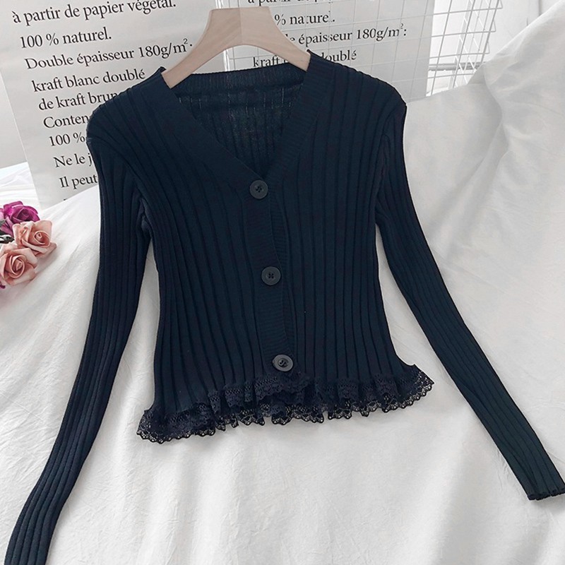 Women's Sexy V-neck Button Lace Ruffled Short Knitted Long Sleeved Cardigan | BigBuy360 - bigbuy360.vn