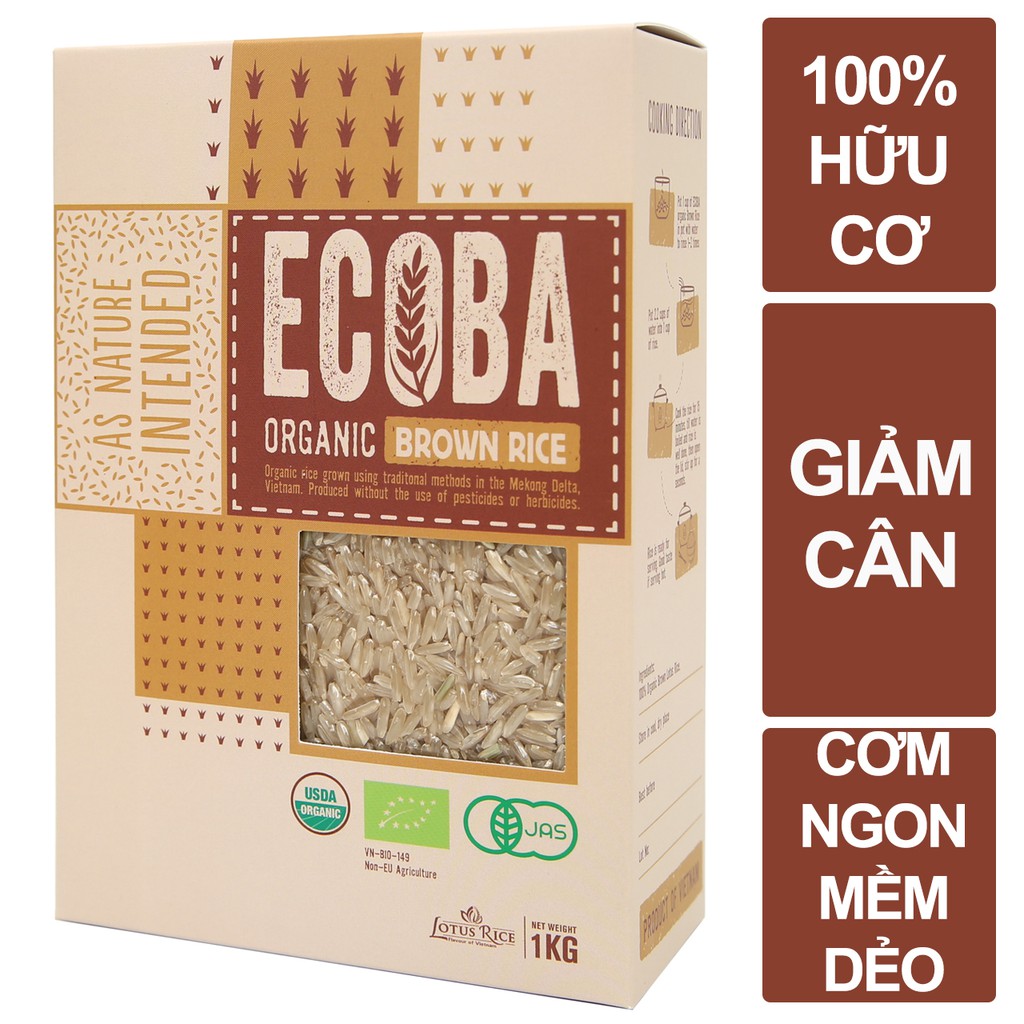 Gạo lứt trắng hữu cơ/ ECOBA Kim Mễ 1kg - Combo 3 hộp (tổng 3kg)