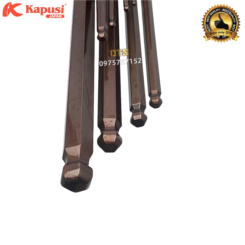 Bộ lục giác đầu bi thép nâu S2 dài Nhật Kapusi JAPAN 9 chi tiết 1.5-10mm tay chữ L tối ưu, bộ khóa lục giác chìm đa năng