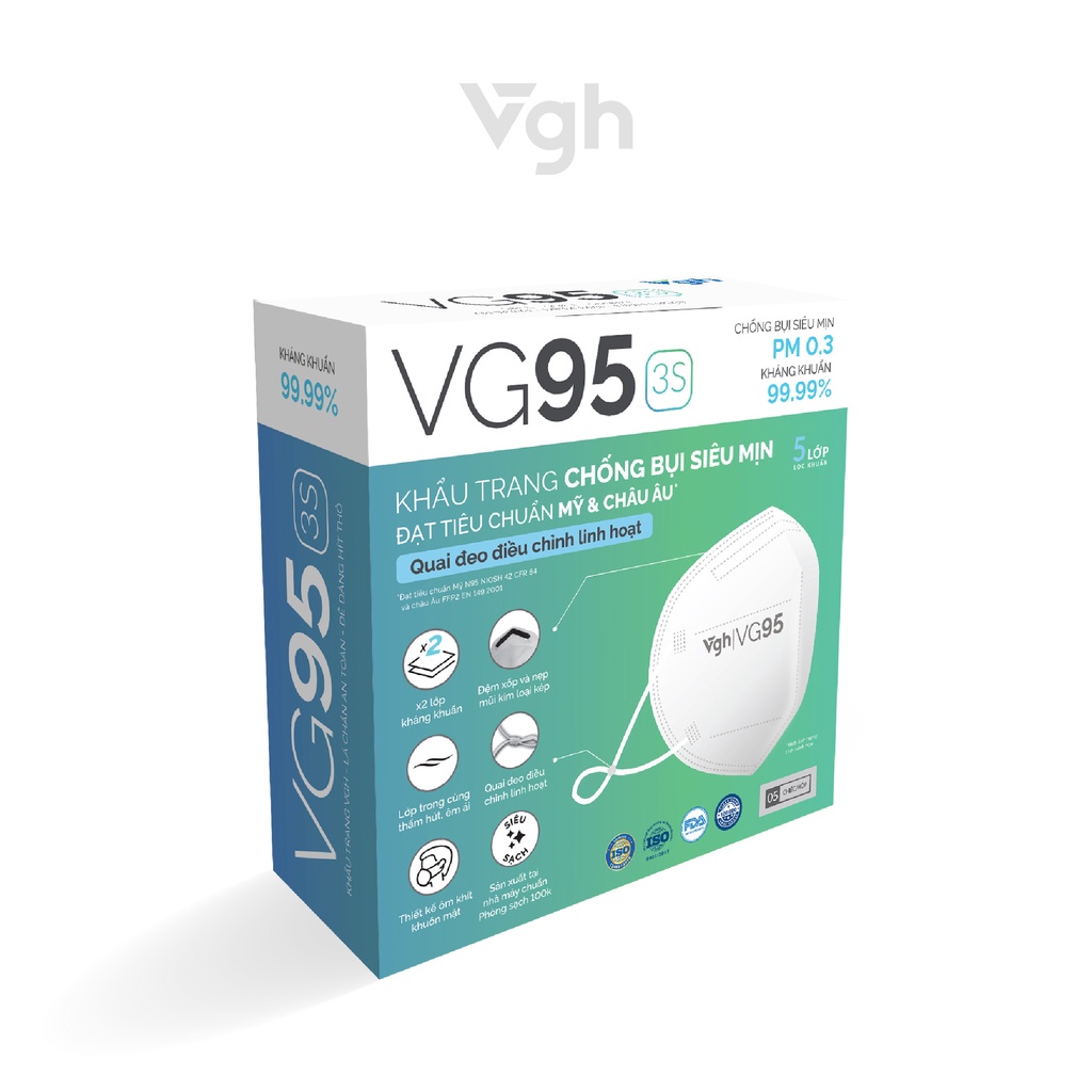 Khẩu trang VG95 3S thiết kế 3D, kháng khuẩn, thoải mái, nút chỉnh quai tai - Chính hãng VG Healthcare - Hộp 5 chiếc