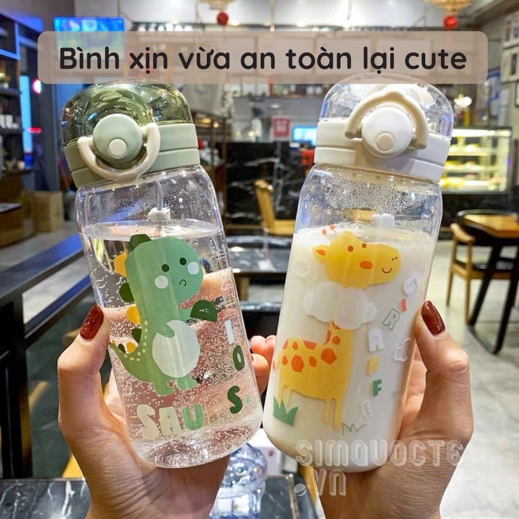 Bình nước nhựa Tritan in hình con thú dễ thương 450ml