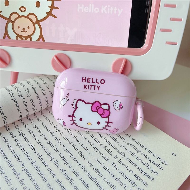 Vỏ bảo vệ hộp sạc tai nghe bằng TPU mềm hình Hello Kitty kèm móc màu hồng IMD thích hợp cho AirPods Pro Airpods 1/2/3