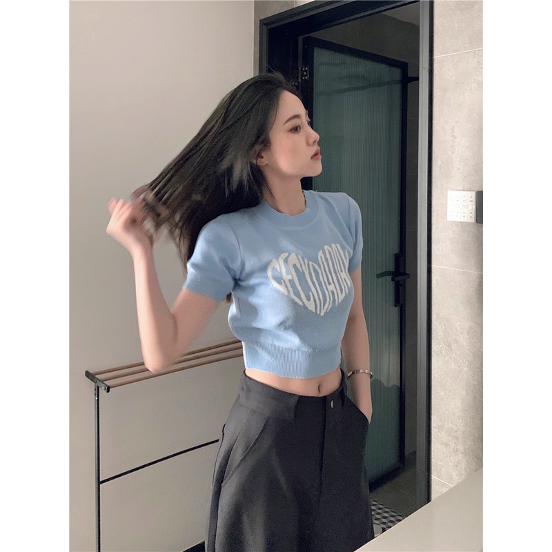 Áo Thun Dệt Kim Dáng Ôm In Chữ Phong Cách Hàn Quốc Thời Trang