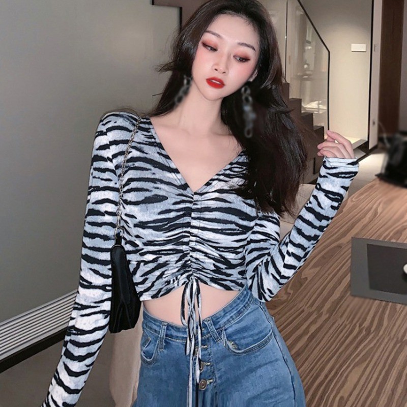 Áo Croptop dài tay cổ V họa tiết ngựa vằn thời trang quyến rũ cho nữ