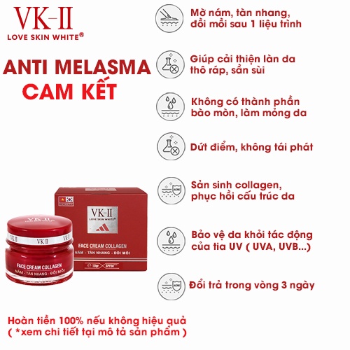 Kem dưỡng da, mờ nám, tàn nhang, đồi mồi VK II Love Skin White Face Cream Collagen 10g