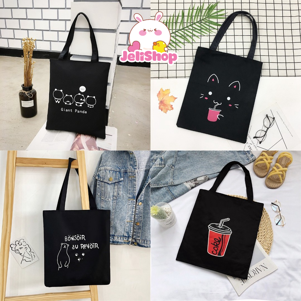 Túi Tote Vải Đen Canvas Đeo Vai Ullzang Hàn Quốc Họa Tiết Dễ Thương JeliShop