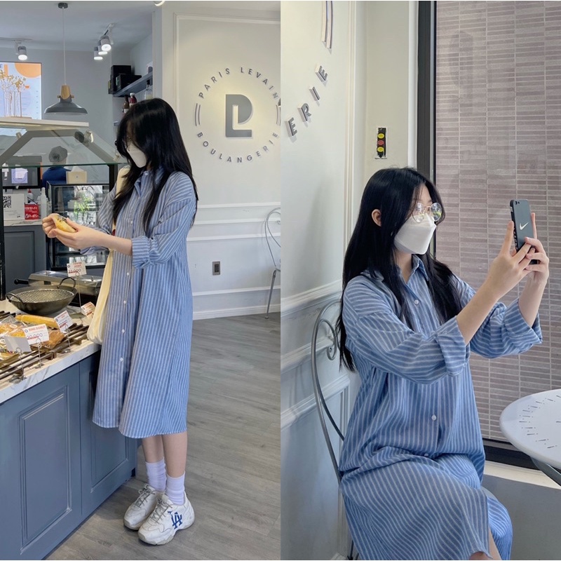 Váy sơ mi kẻ sọc dài tay kèm đai eo tôn dáng