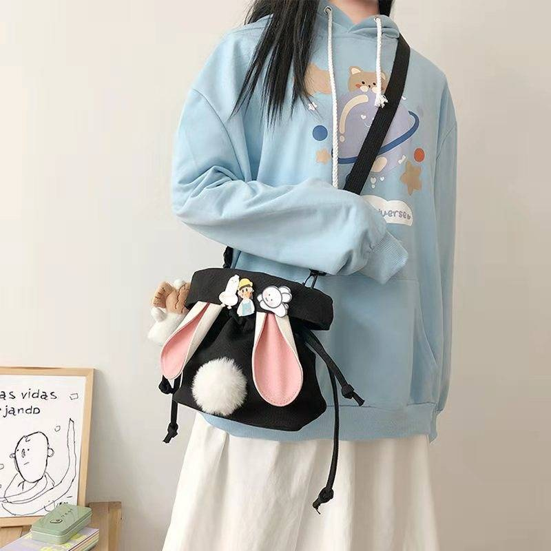 Cute Bucket Bag Student Canvas Bag Bunny Ears Shoulder Messenger Bag