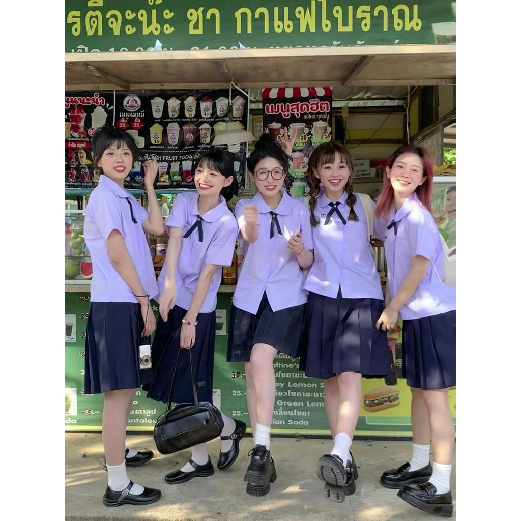 Bộ Đồng Phục Học Sinh Thái Lan - Nanno Gồm áo+nơ+chân váy JK nữ sinh kẻ Caro chữ A Xếp Ly Dáng Xoè Ulzzang