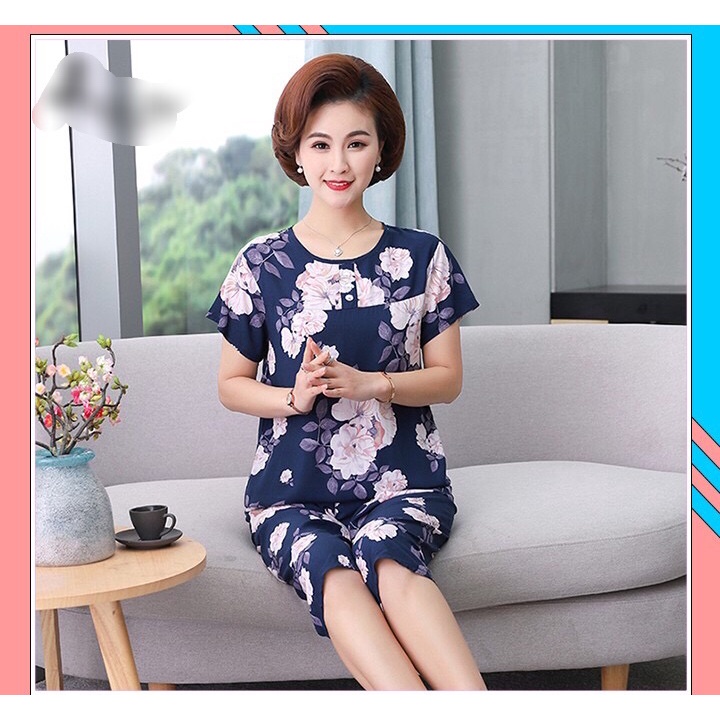 Bộ mặc nhà trung niên vài lanh họa tiết hoa lá, dáng áo ngắn tay quần lửng sang trong lịch sự cho bà cho mẹ