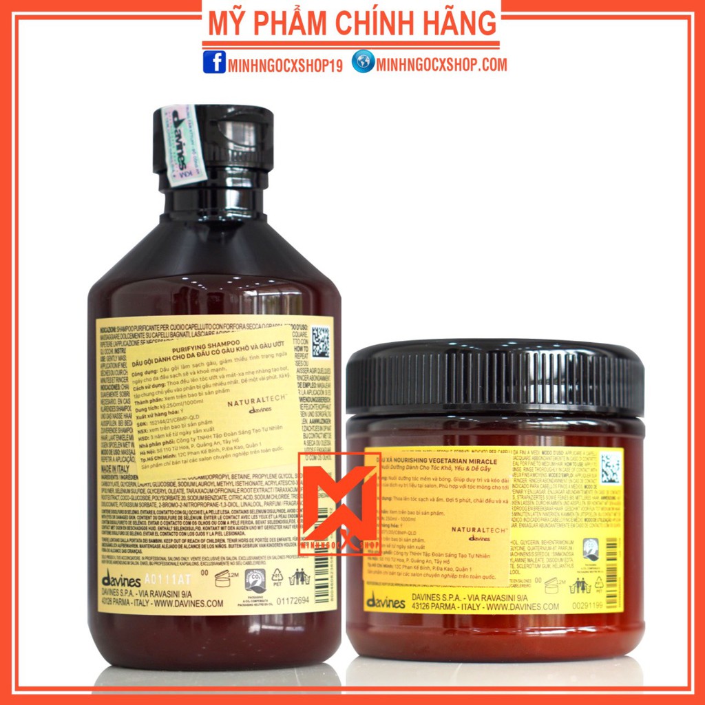 Dầu gội chống gàu DAVINES PURIFYING và dầu xả thực vật DAVINES NOURISHING 250ml chính hãng