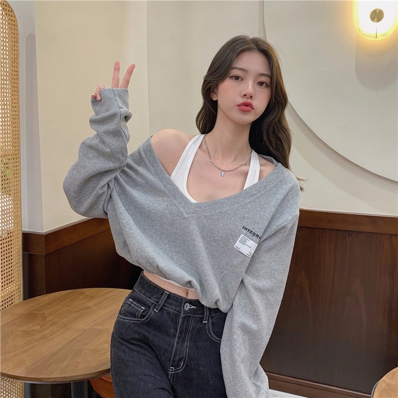 Áo Lửng Tay Dài Cổ Chữ V Thời Trang Mới Cho Nữ