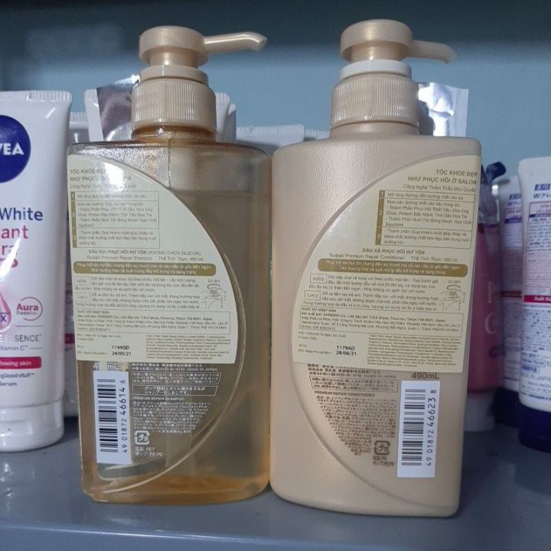 Combo Bộ đôi gội xả Phục hồi ngăn rụng tóc Premium Repair Tsubaki 490ml/chai
