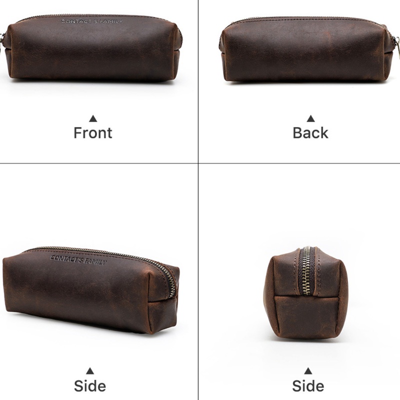 Túi Đựng Bút Bằng Da Bò Handmade Hình Vuông Có Khóa Kéo Phong Cách Vintage