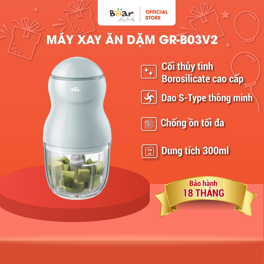 Máy Xay Ăn Dăm Cho Bé Bear Mini Cầm Tay Tiện Lợi Thiết Kế 3 Lưỡi Dao Sắc Bén, Chất Liệu Thuỷ Tinh Borosilicat - B03V2