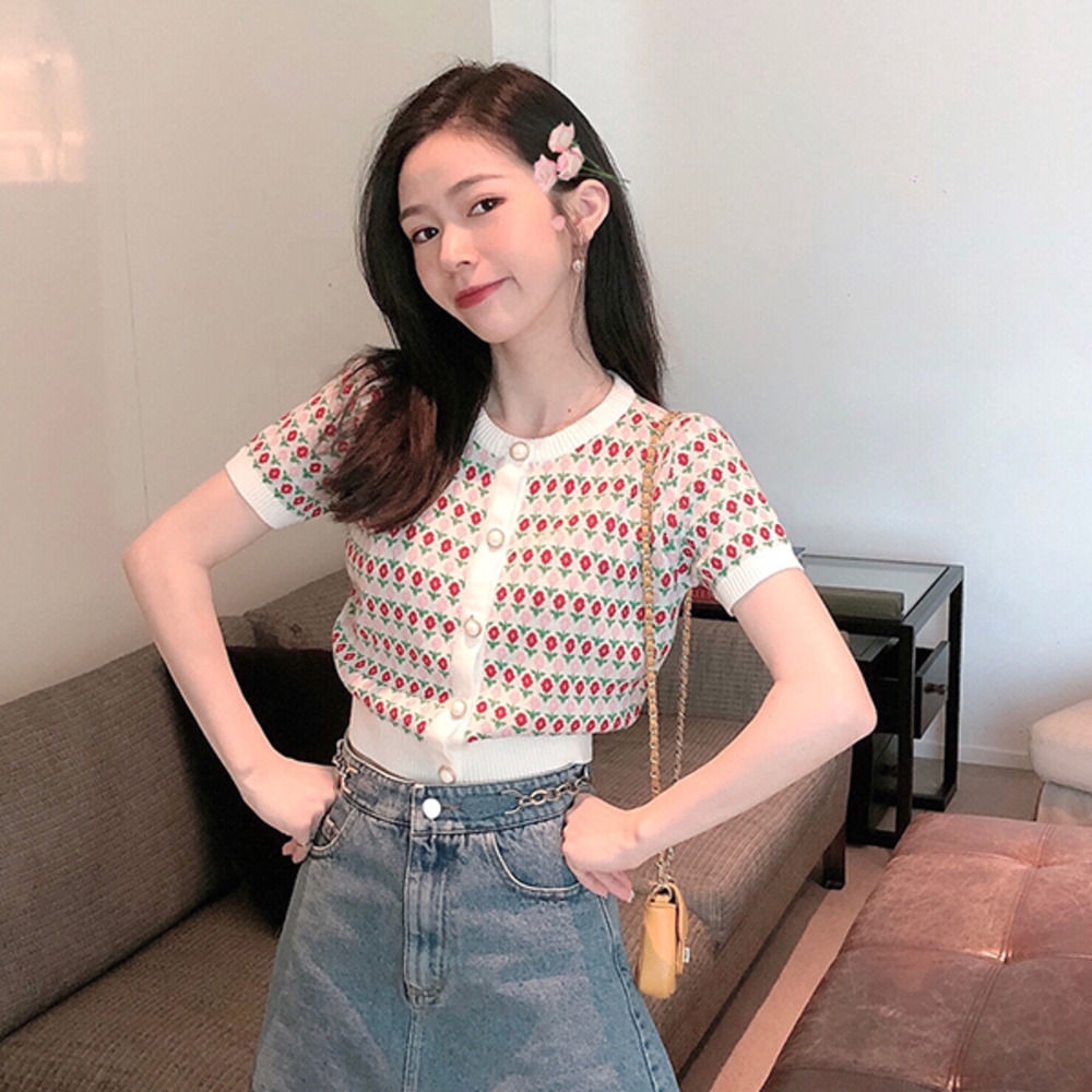 Áo Dệt Kim Tay Ngắn Hoạ Tiết Hoa Thiết Kế Thời Trang Xinh Xắn Cho Nữ