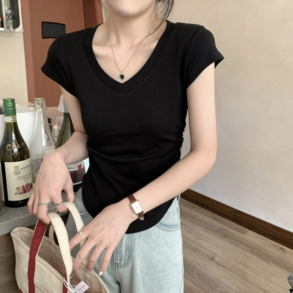 Xiaozhainv Áo Thun Tay Ngắn Cổ Chữ V Màu Trơn Dáng Ôm Thời Trang Mùa Hè Cho Nữ