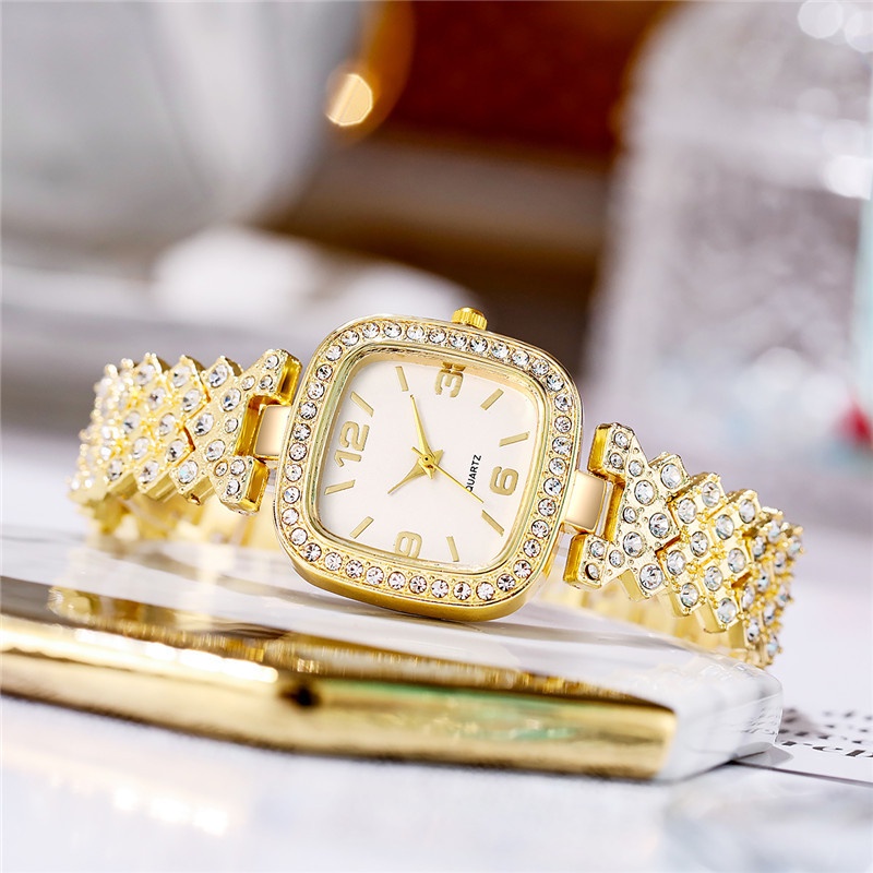 Set 2 Đồng Hồ Đeo Tay Mặt Vuông Bằng Thép Không Gỉ Đính Đá Thời Trang Cho Nữ