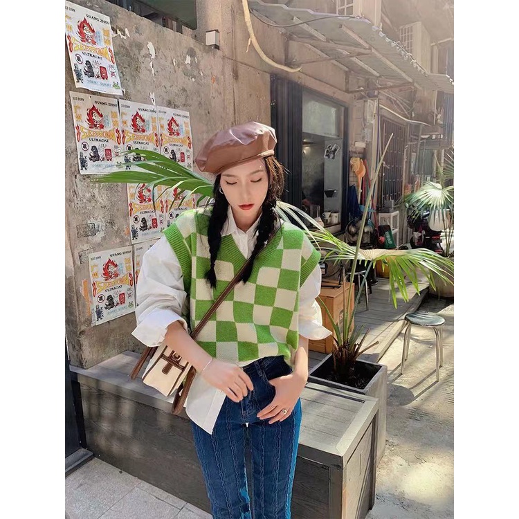 Áo len dệt kim không tay kẻ ô màu sắc cá tính | BigBuy360 - bigbuy360.vn