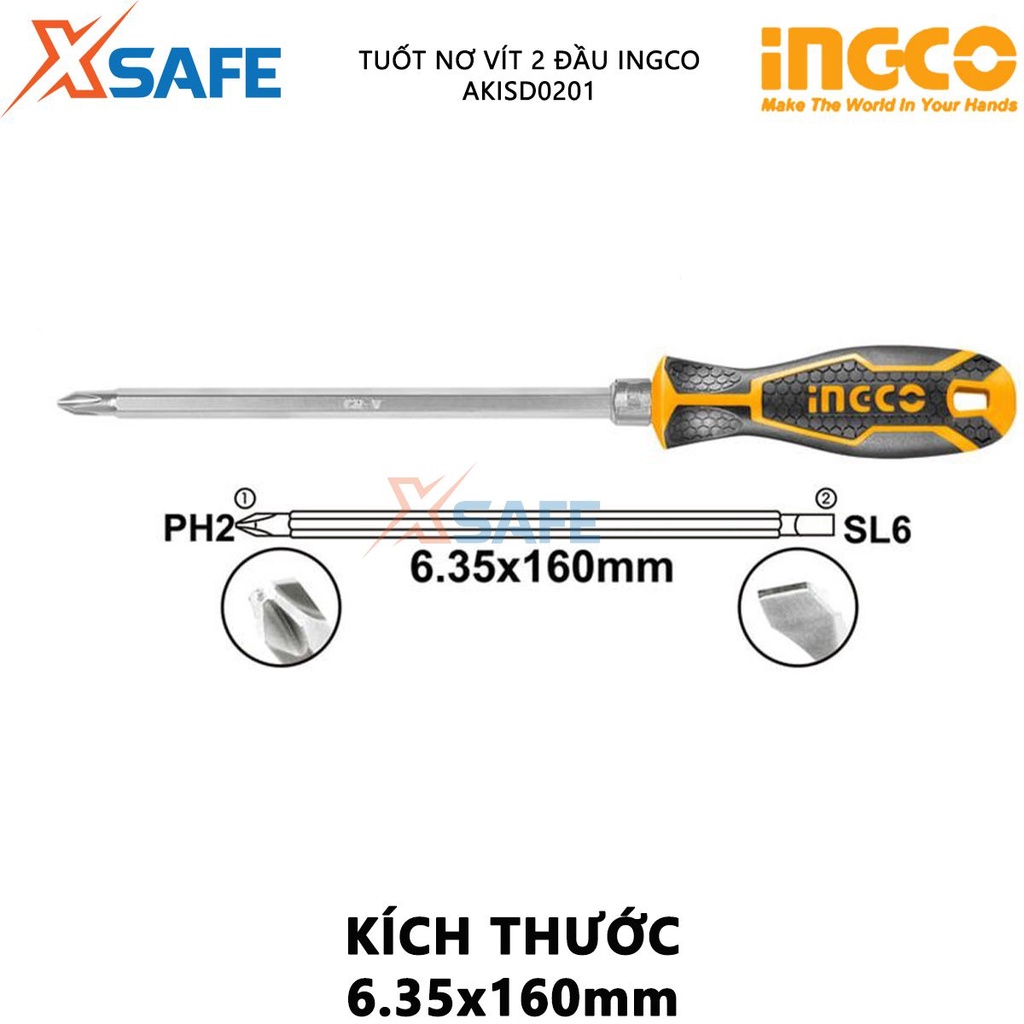 Tua vít 2 đầu INGCO AKISD0201 Tuốc nơ vít kích thước 6.35x160mm, tay cầm có thể hoán đổi lẫn nhau - Chính hãng