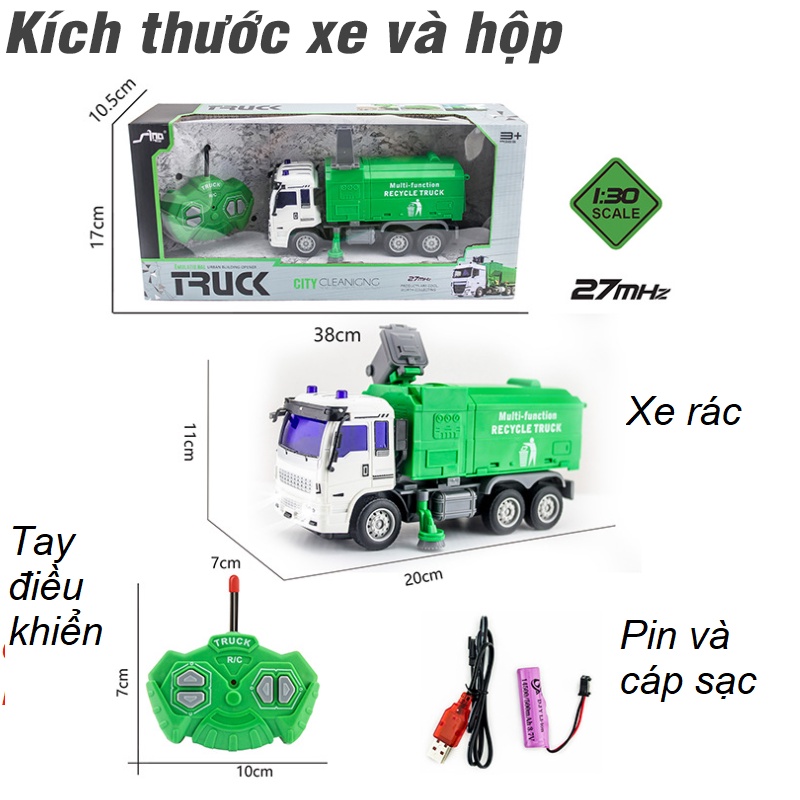 Xe chở rác điều khiển từ xa mô hình tỉ lệ 1:30 sử dụng pin sạc 3.7v 14500 500mah