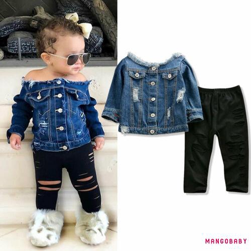 Áo Khoác Denim Trễ Vai + Quần Dài Cho Bé Gái