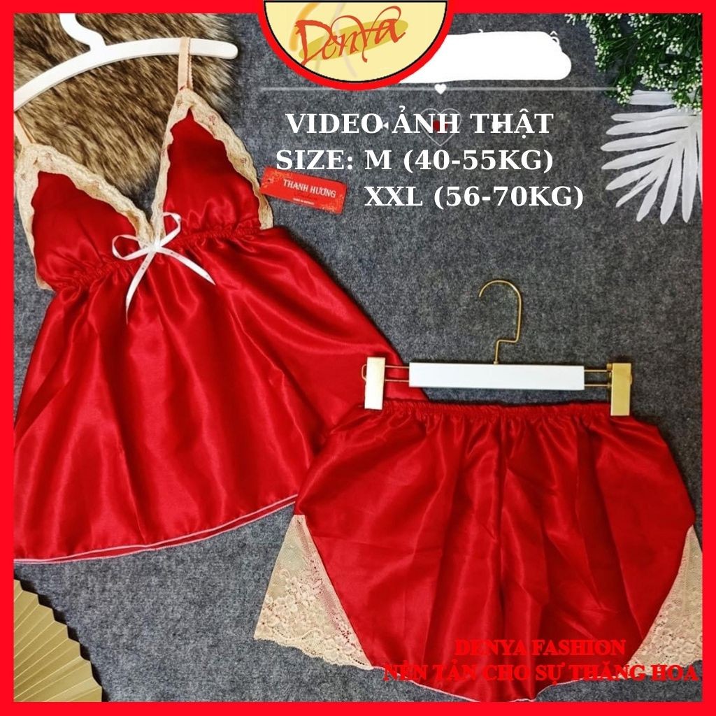 Đồ ngủ 2 dây bigsize chất lụa phi có mút, quần đính ren tam giác xinh xắn, DN5