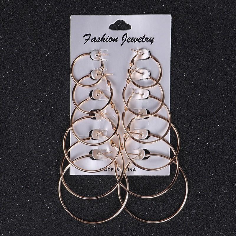 Bộ 6 đôi bông tai hình vòng cỡ lớn thiết kế đơn giản mạ vàng/bạc