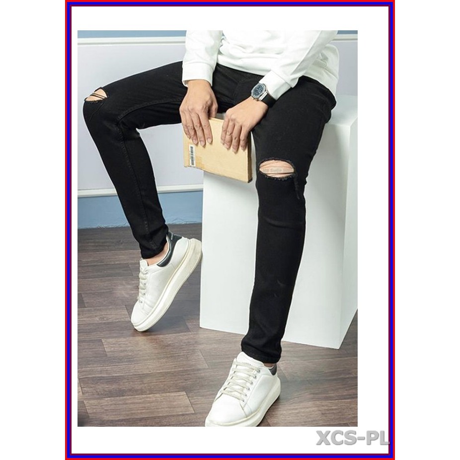 Quần jean nam cao cấp ĐEN RÁCH GỐI siêu đẹp không xù lông, không ra màu, chất giãn tốt rrgoi3-1.244