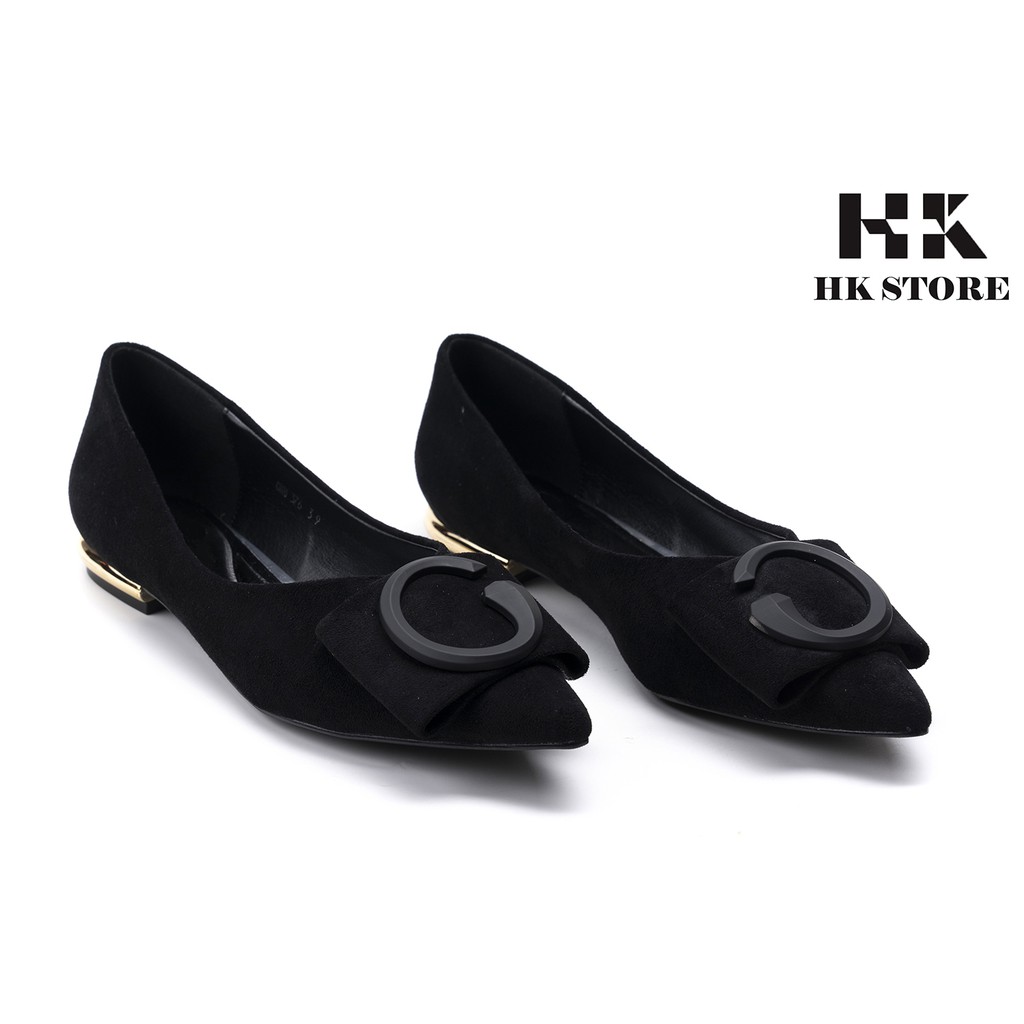 Giày bệt nữ mũi nhọn ❤️ HK.STORE ❤️ da lộn đủ màu gót trụ đính kim loại viền siêu xinh, hàng cao cấp 2021.